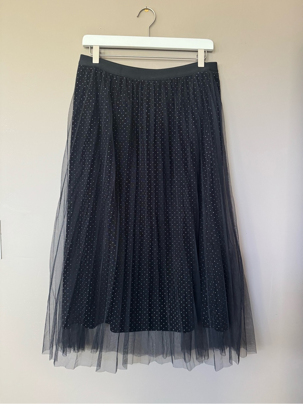 NWOT | Black Tulle Metallic Polka Dot Midi Skirt